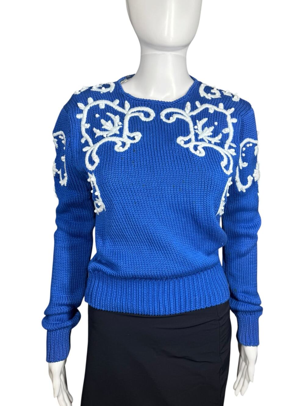 Vintage Carlisle Sport Blue Embroidered Beaded Embellished Knit Sweater Medium
